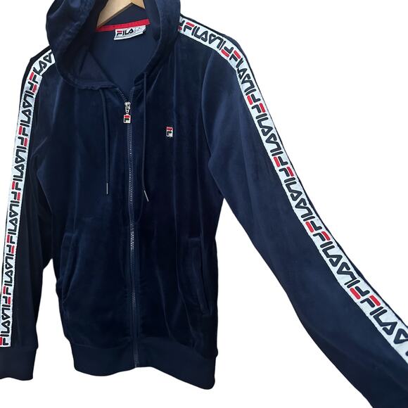 UNISEX Retro FILA Velour Track Men SZ S TOP CONDITION Hooded Navy Maureen Jacket - Picture 15 of 16